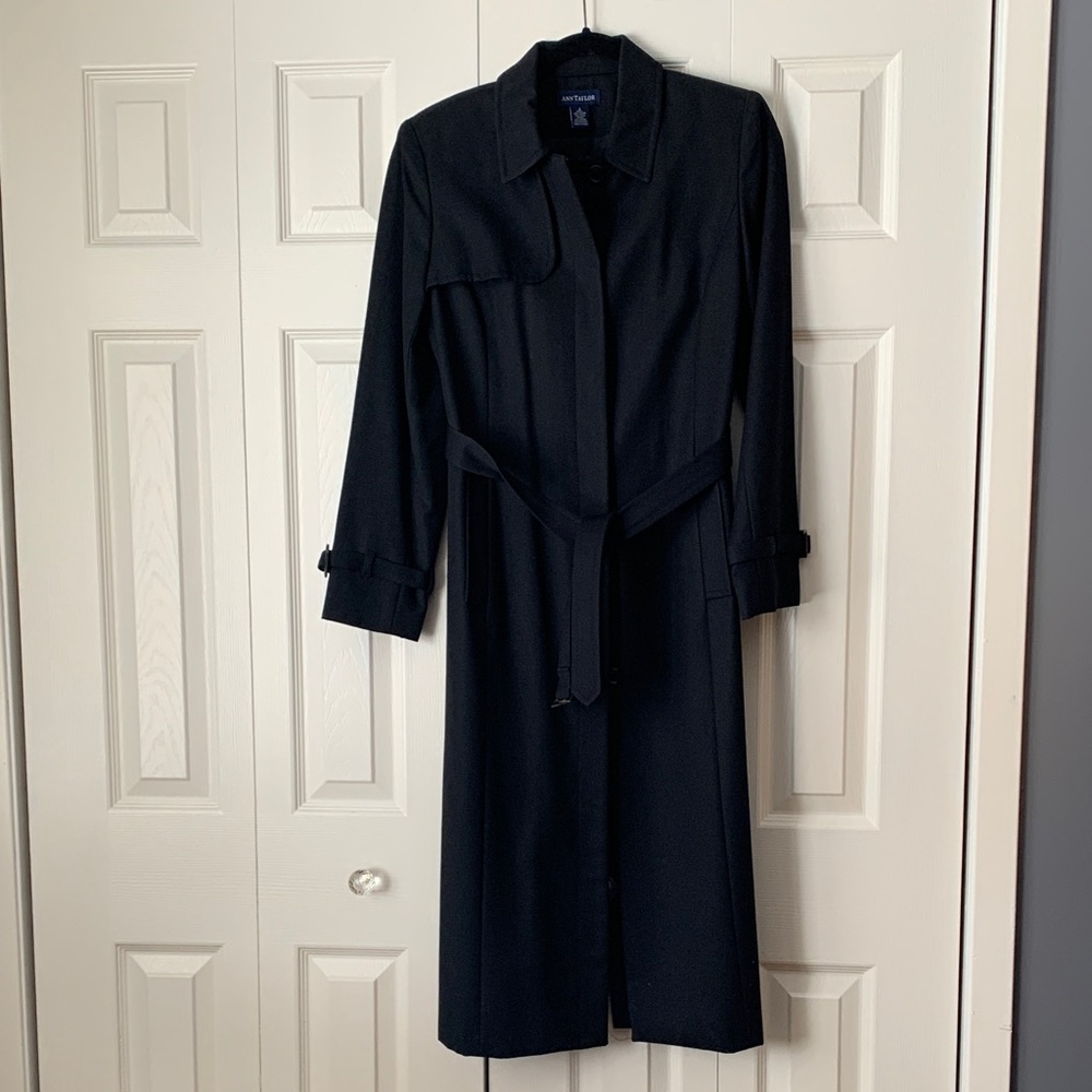 Trench Coat Ann Taylor Classic Belted Style Size 2 Black Vintage